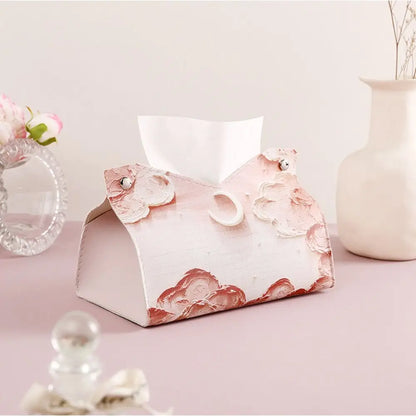Aesthetic Pink Leather ✅Tissue Box with Oil Painting Design
