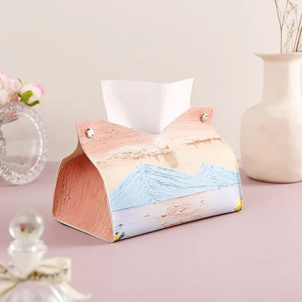 Aesthetic Pink Leather ✅Tissue Box with Oil Painting Design