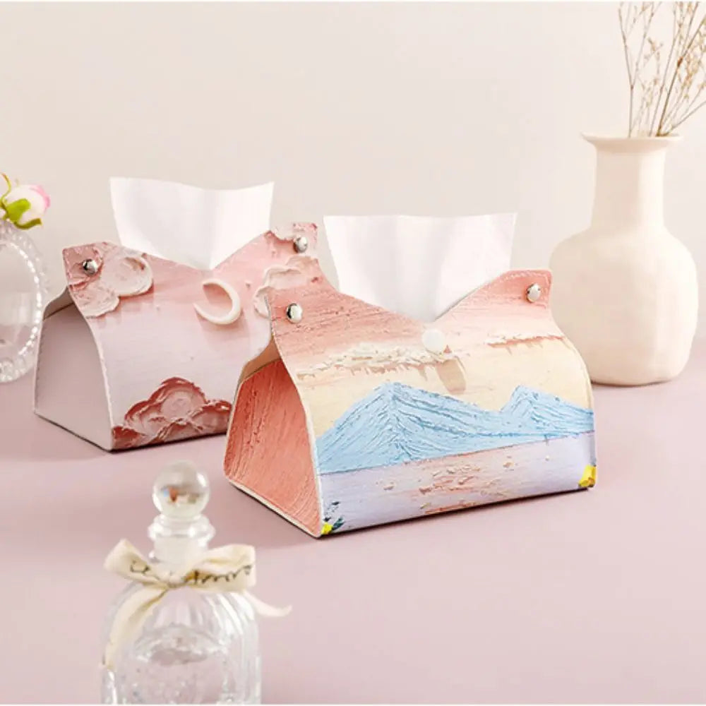 Aesthetic Pink Leather ✅Tissue Box with Oil Painting Design