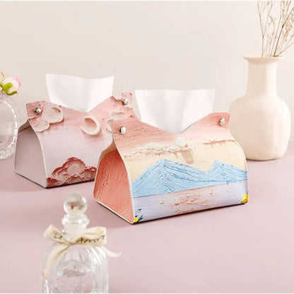Aesthetic Pink Leather ✅Tissue Box with Oil Painting Design